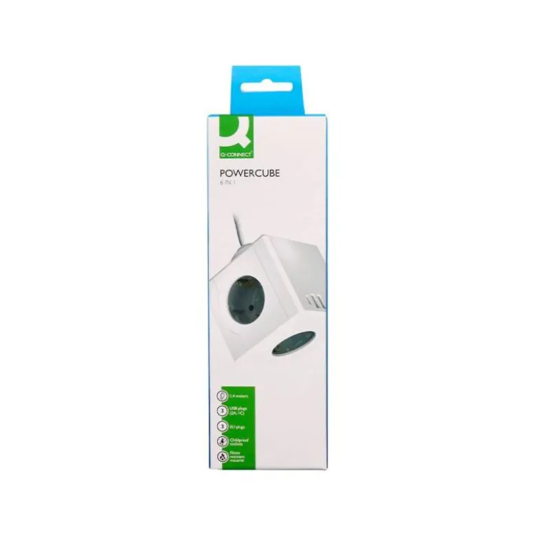 REGLETA Q-CONNECT DE CUBO ENCHUFE MULTIPLE POWER CUBE 6 EN 1 CABLE DE 1,4MT 3 TOMAS DE CORRIENTE+2 USB+1 USB C