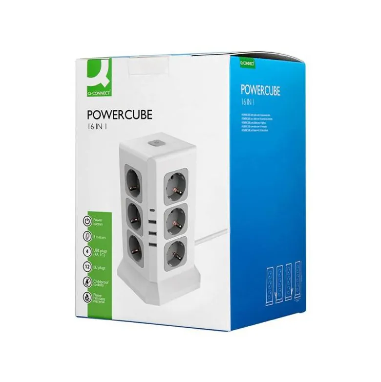 REGLETA Q-CONNECT ENCHUFE MULTIPLE 16 EN 1 CABLE 2 MT 12 TOMAS DE CORRIENTE+3 USB+1 USB TIPO C 120X120X210MM