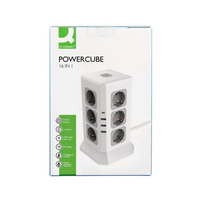 REGLETA Q-CONNECT ENCHUFE MULTIPLE 16 EN 1 CABLE 2 MT 12 TOMAS DE CORRIENTE+3 USB+1 USB TIPO C 120X120X210MM