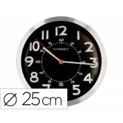 RELOJ Q-CONNECT DE PARED METALICO REDONDO 25 CM MOVIMIENTO SILENCIOSO COLOR CROMADO CON ESFERA NEGRA