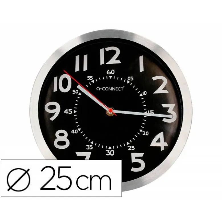RELOJ Q-CONNECT DE PARED METALICO REDONDO 25 CM MOVIMIENTO SILENCIOSO COLOR CROMADO CON ESFERA NEGRA