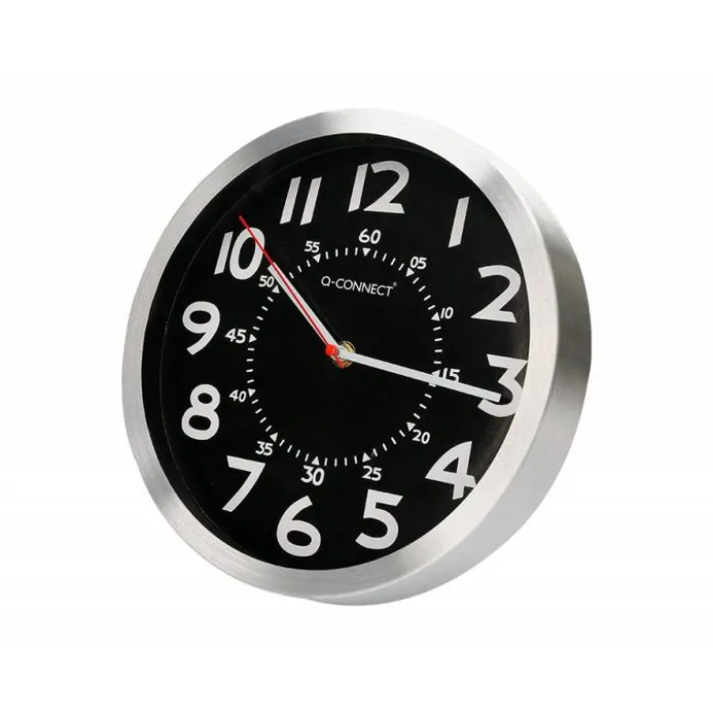 RELOJ Q-CONNECT DE PARED METALICO REDONDO 25 CM MOVIMIENTO SILENCIOSO COLOR CROMADO CON ESFERA NEGRA