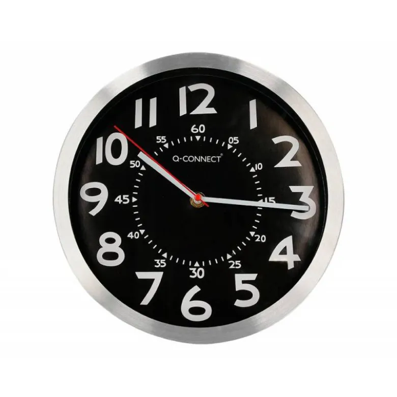 RELOJ Q-CONNECT DE PARED METALICO REDONDO 25 CM MOVIMIENTO SILENCIOSO COLOR CROMADO CON ESFERA NEGRA