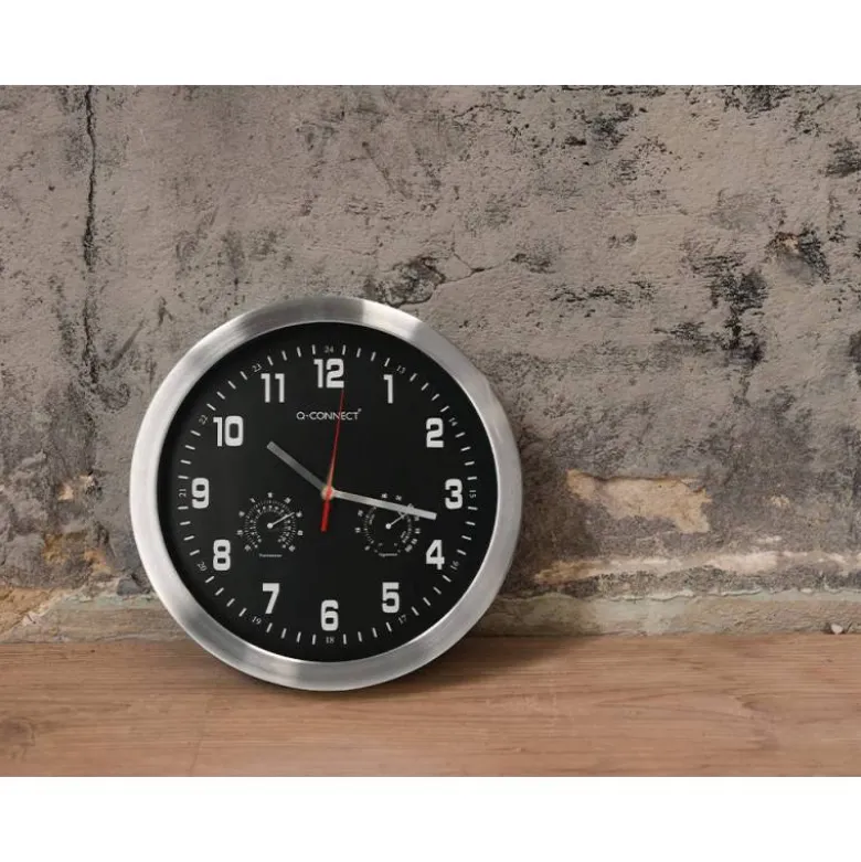 RELOJ Q-CONNECT DE PARED METALICO REDONDO 35,5 CM MOVIMIENTO SILENCIOSO COLOR CROMADO CON ESFERA NEGRA
