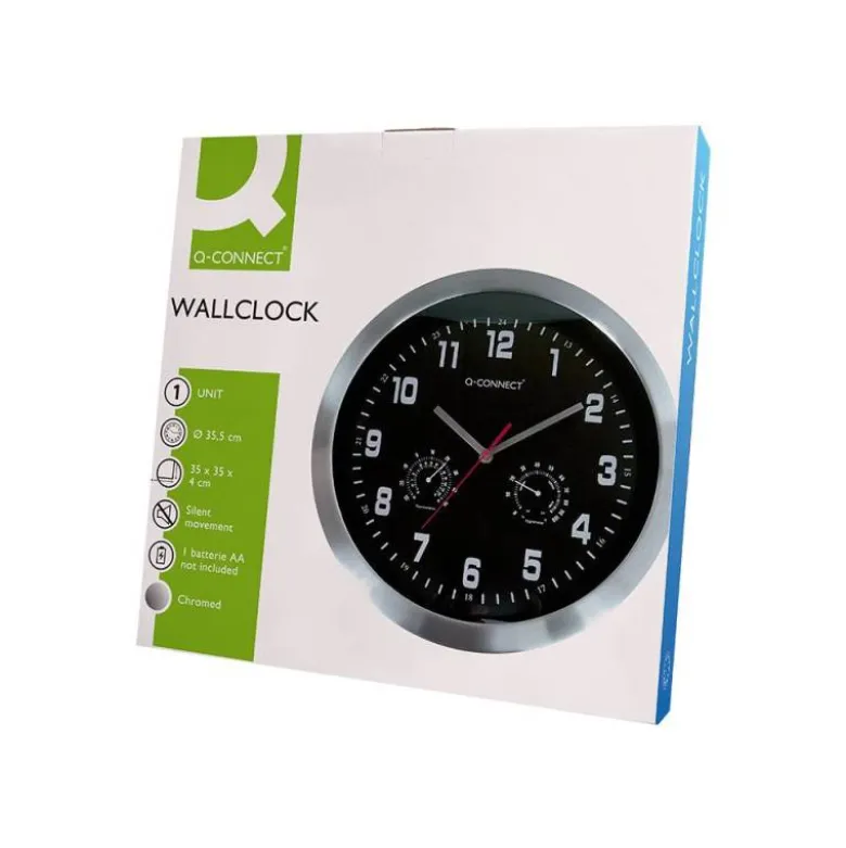 RELOJ Q-CONNECT DE PARED METALICO REDONDO 35,5 CM MOVIMIENTO SILENCIOSO COLOR CROMADO CON ESFERA NEGRA