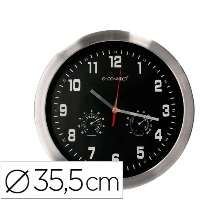 RELOJ Q-CONNECT DE PARED METALICO REDONDO 35,5 CM MOVIMIENTO SILENCIOSO COLOR CROMADO CON ESFERA NEGRA