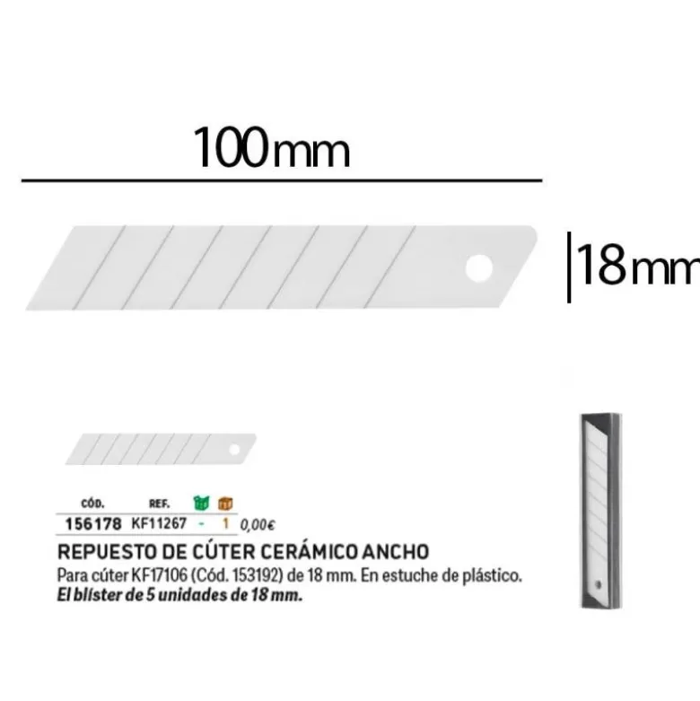 REPUESTO CUTER ANCHO CERAMICO Q-CONNECT BLISTER DE 5 UNIDADES PARA CUTER KF17106
