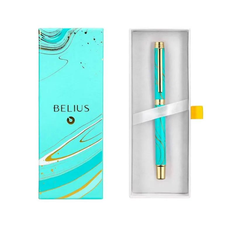 ROLLER BELIUS AQUA ALUMINIO COLOR TURQUESA Y DORADO TINTA NEGRA CAJA DE DISEÑO