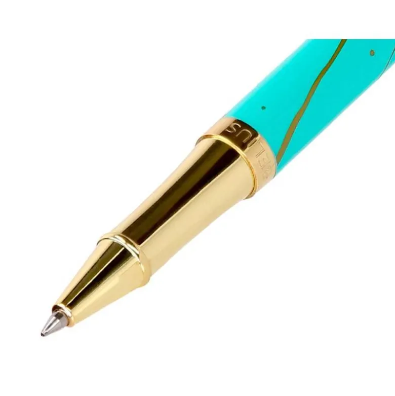 ROLLER BELIUS AQUA ALUMINIO COLOR TURQUESA Y DORADO TINTA NEGRA CAJA DE DISEÑO
