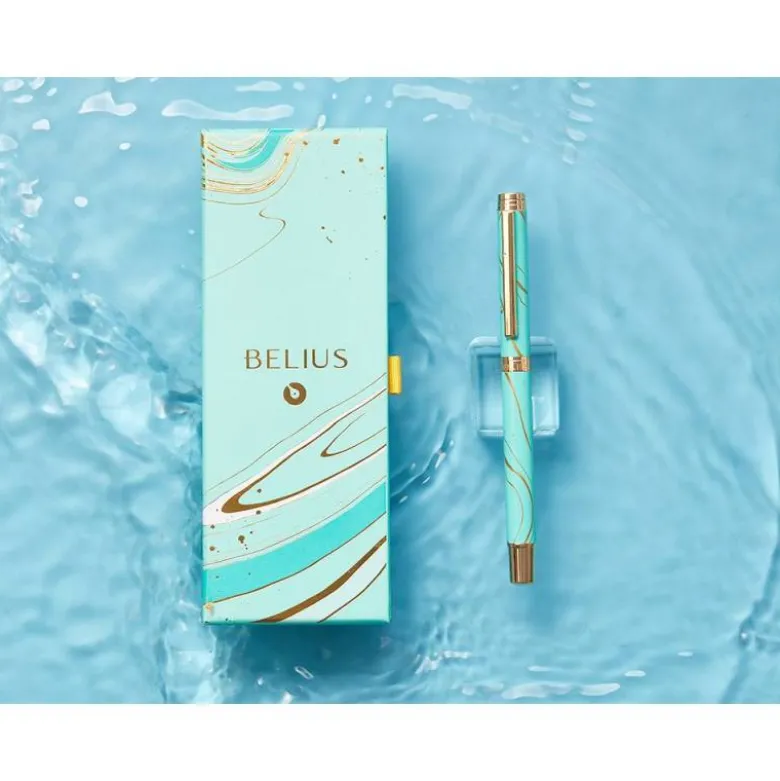 ROLLER BELIUS AQUA ALUMINIO COLOR TURQUESA Y DORADO TINTA NEGRA CAJA DE DISEÑO