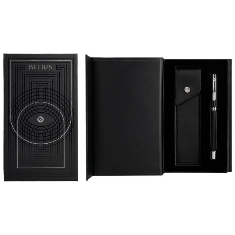 ROLLER Y ESTUCHE BELIUS TURBO ALUMINIO TEXTURA PUNTEADA NEGRO PLATEADO TINTA AZUL CAJA DE DISEÑO