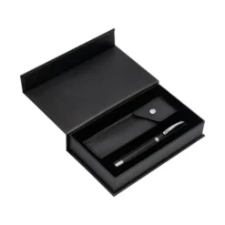 ROLLER Y ESTUCHE BELIUS TURBO ALUMINIO TEXTURA PUNTEADA NEGRO PLATEADO TINTA AZUL CAJA DE DISEÑO