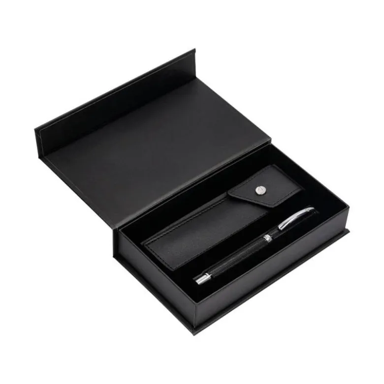 ROLLER Y ESTUCHE BELIUS TURBO ALUMINIO TEXTURA PUNTEADA NEGRO PLATEADO TINTA AZUL CAJA DE DISEÑO