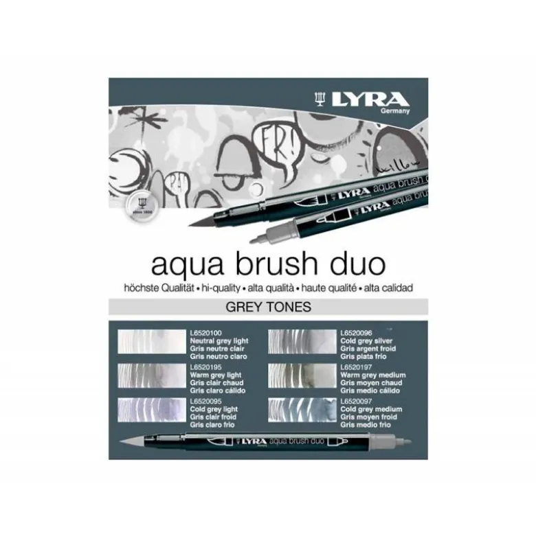 ROTULADOR LYRA AQUA BRUSH ACUARELABLE DOBLE PUNTA Y PINCEL TONOS GRISES BLISTER DE 6 UNIDADES SURTIDAS