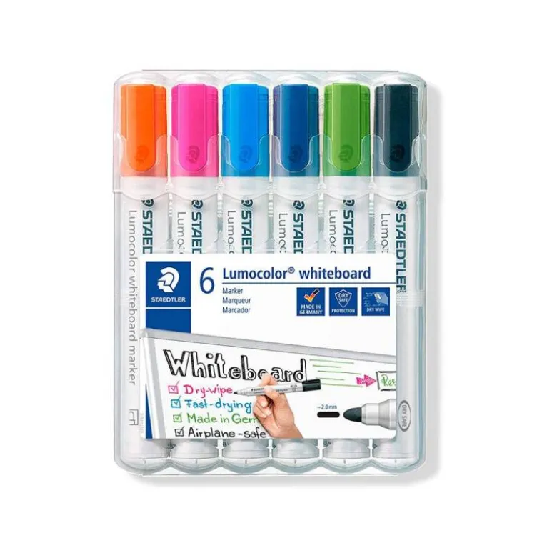 ROTULADOR STAEDTLER LUMOCOLOR 351 PARA PIZARRA BLANCA PUNTA REDONDA 2 MM RECARGABLE ESTUCHE 6 UNIDADES COLORES