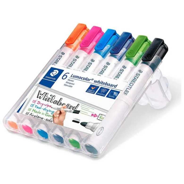 ROTULADOR STAEDTLER LUMOCOLOR 351 PARA PIZARRA BLANCA PUNTA REDONDA 2 MM RECARGABLE ESTUCHE 6 UNIDADES COLORES