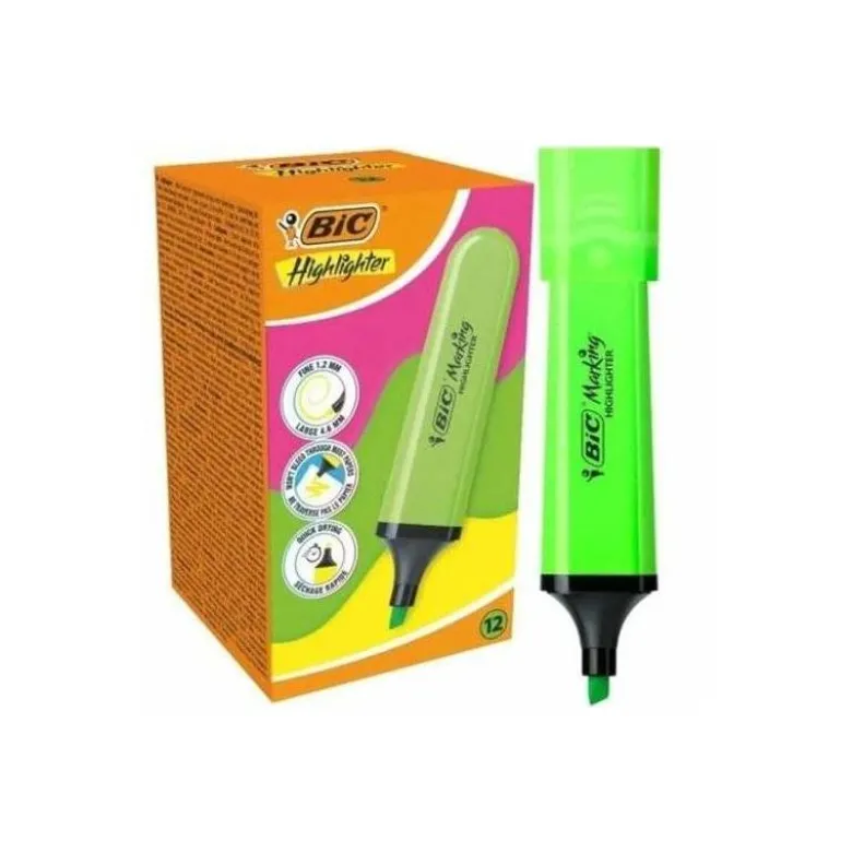 ROTULADOR BIC FLAT FLUORESCENTE VERDE NEON CAJA DE 12 UNIDADES
