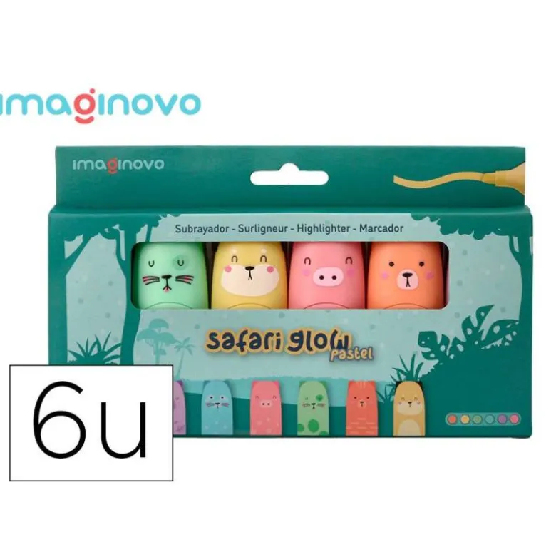 ROTULADOR IMAGINOVO FLUORESCENTE SAFARI GLOW PASTEL ANIMALES CAJA 6 UNIDADES SURTIDAS