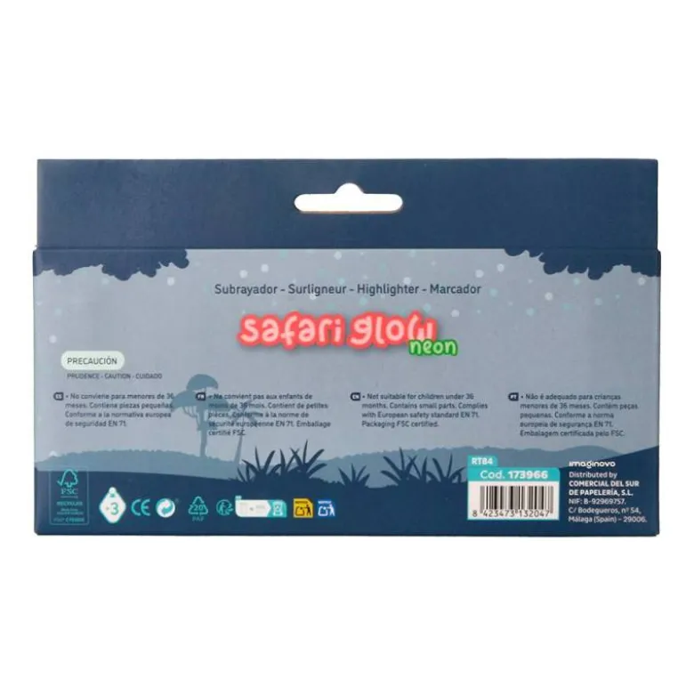 ROTULADOR IMAGINOVO FLUORESCENTE SAFARI GLOW NEON ANIMALES Y CLIP CAJA DE 6 UNIDADES SURTIDAS