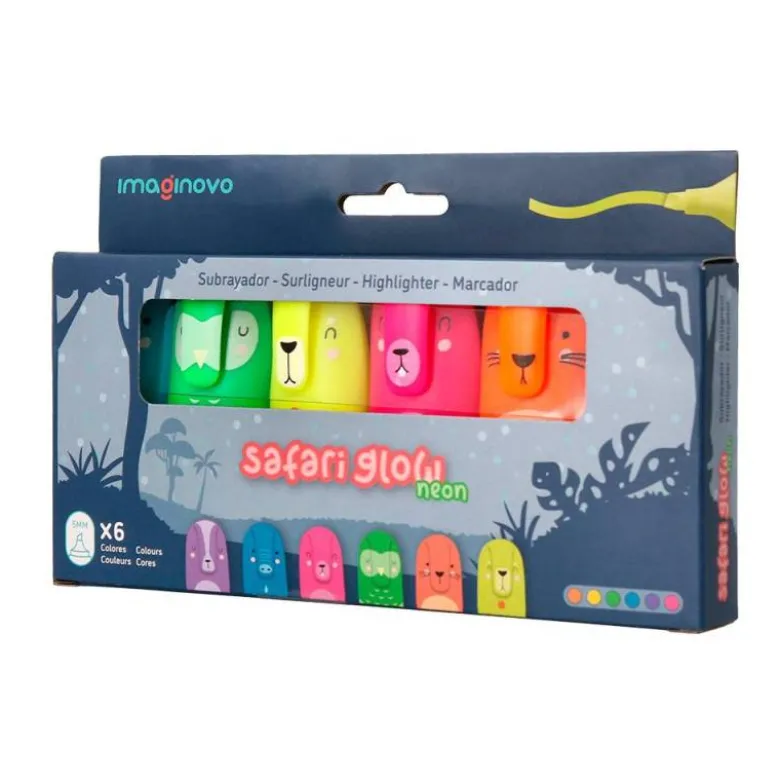 ROTULADOR IMAGINOVO FLUORESCENTE SAFARI GLOW NEON ANIMALES Y CLIP CAJA DE 6 UNIDADES SURTIDAS