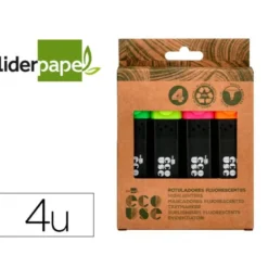 ROTULADOR LIDERPAPEL ECOUSE FLUORESCENTE FABRICADO CON 68% PLASTICO RECICLADO CAJA DE 4 UNIDADES COLORES SURTIDOS