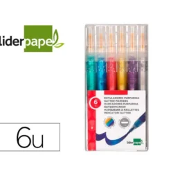 ROTULADOR LIDERPAPEL EFECTO PURPURINA METALIZADA DOBLE PUNTA CAJA DE 6 ROTULADORES COLORES SURTIDOS