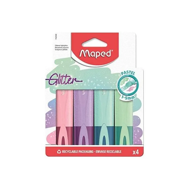 ROTULADOR MAPED FLUORESCENTE PEPS PASTEL CON GLITTER 4 UNIDADES COLORES SURTIDOS