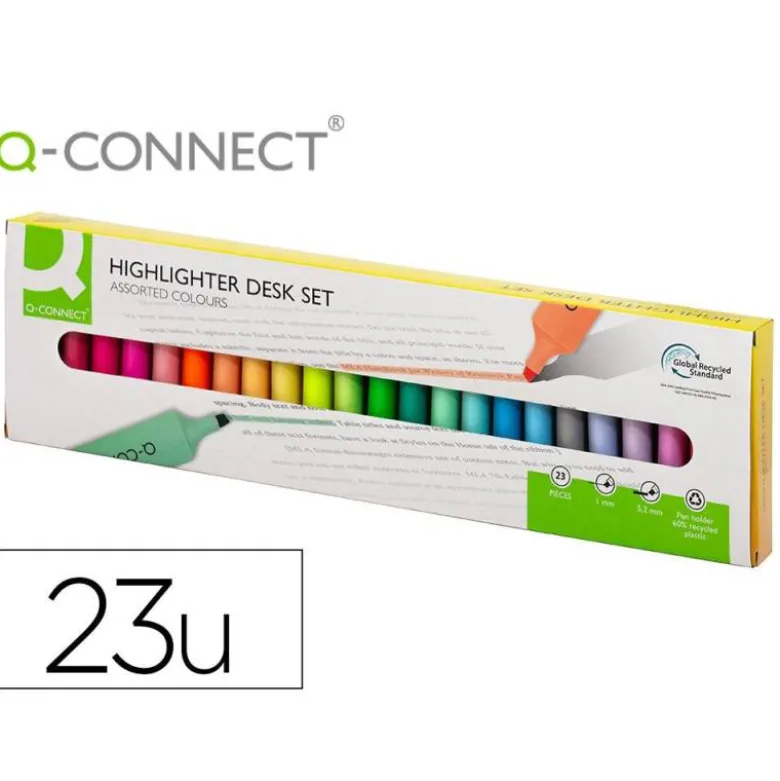 ROTULADOR Q-CONNECT FLUORESCENTE PUNTA BISELADA ESTUCHE DE SOBREMESA 23 UNIDADES COLORES SURTIDOS