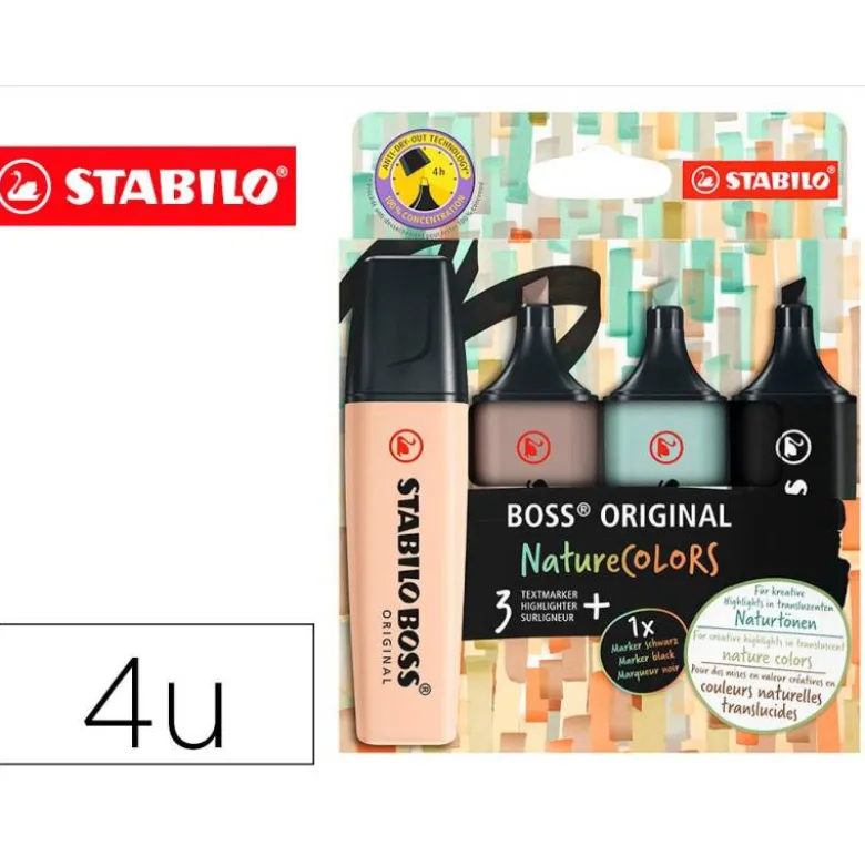 ROTULADOR STABILO BOSS PASTEL FLUORESCENTE 70 NATURE COLORS ESTUCHE DE 4 UNIDADES COLORES SURTIDOS