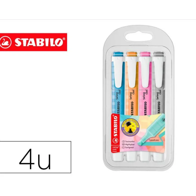 ROTULADOR STABILO FLUORESCENTE SWING COOL PASTEL ESTUCHE DE 4 UNIDADES COLORES SURTIDOS