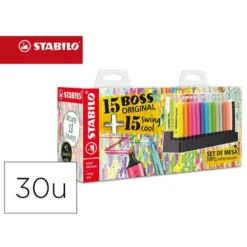 ROTULADOR STABILO FLUORESCENTE SET DE MESA 15 UNIDADES BOSS 70 + 15 UNIDADES SWING COOL COLORES SURTIDOS