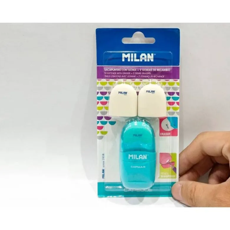 SACAPUNTAS MILAN CAPSULE PLASTICO 1 USO CON GOMA + 2 RECAMBIOS DE GOMA