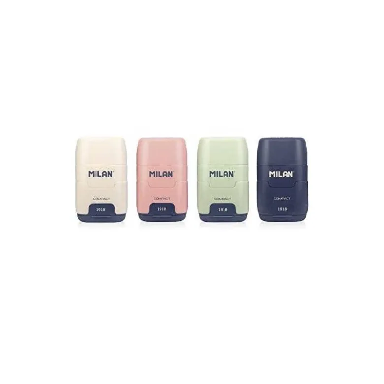SACAPUNTAS MILAN COMPACT SERIE 1918 PLASTICO 2 USOS CON GOMA DE BORRAR EXPOSITOR DE 16 UNIDADES COLORES