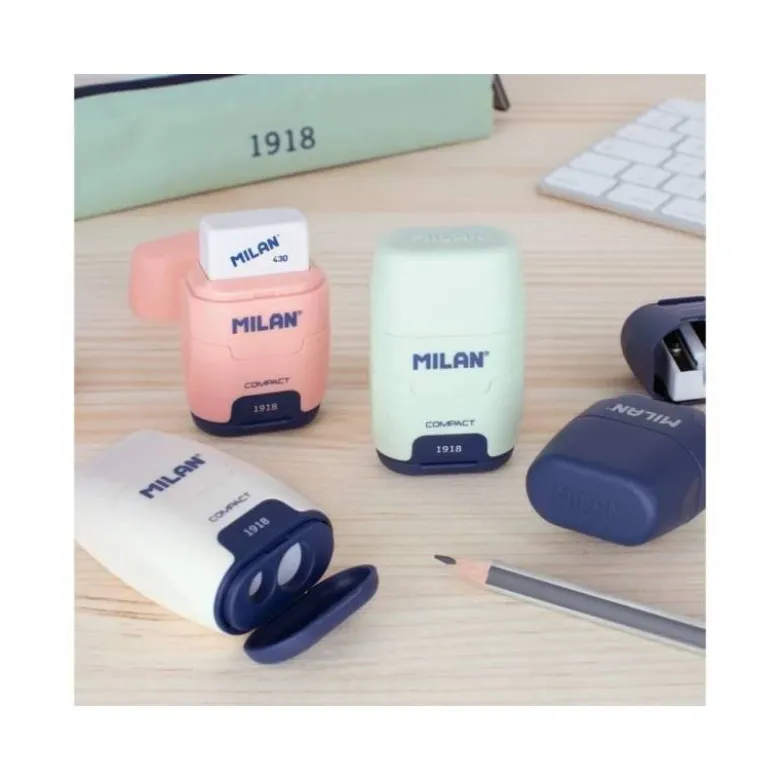 SACAPUNTAS MILAN COMPACT SERIE 1918 PLASTICO 2 USOS CON GOMA DE BORRAR EXPOSITOR DE 16 UNIDADES COLORES