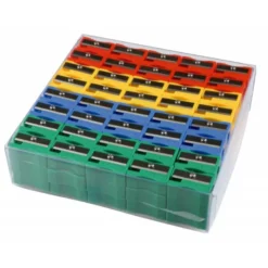 Sacapuntas plastico caja de 120 unidades colores surtidos.