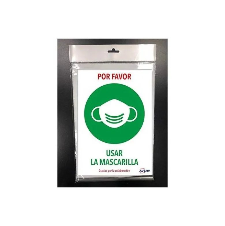 SEÑAL ADHESIVA AVERY USAR MASCARILLA DIN A4 RESISTENTE A LOS RAYOS UV PACK DE 2 UNIDADES