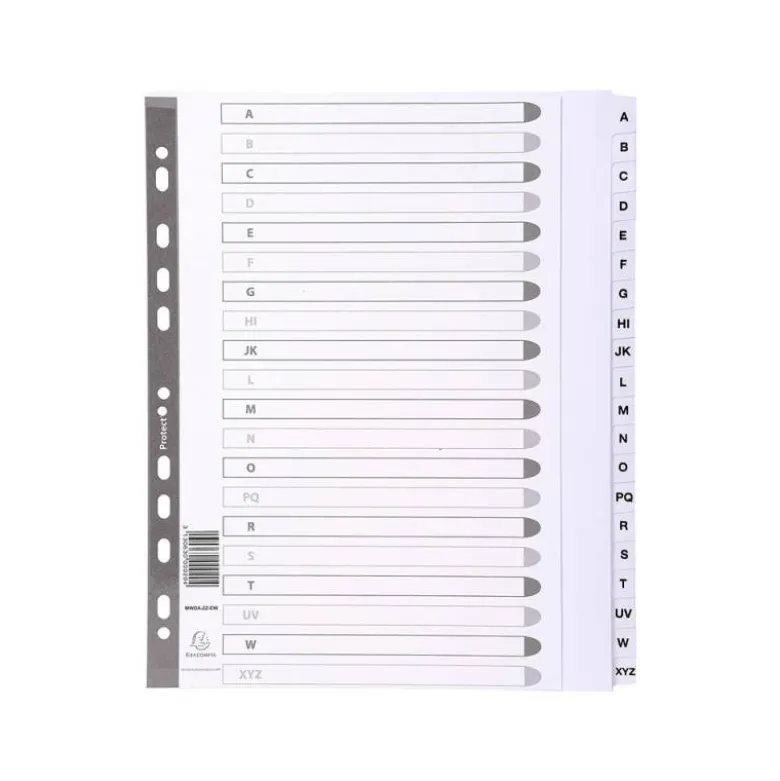 SEPARADOR EXACOMPTA CARTULINA BLANCA A-Z JUEGO DE 20 SEPARADORES DIN A4 11 TALADROS