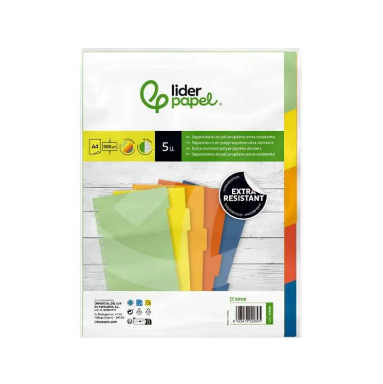 SEPARADOR LIDERPAPEL POLIPROPILENO JUEGO DE 5 SEPARADORES A4 MULTITALADRO 500 MICRAS