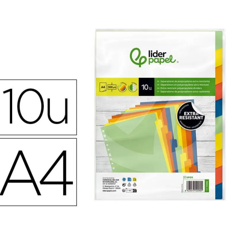 SEPARADOR LIDERPAPEL POLIPROPILENO JUEGO DE 10 SEPARADORES A4 MULTITALADRO 500 MICRAS