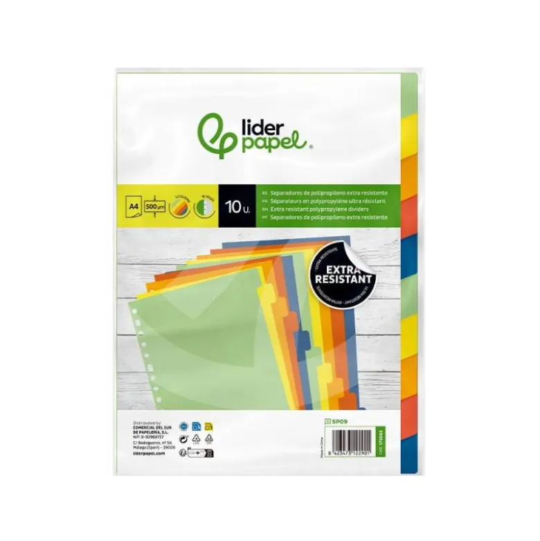 SEPARADOR LIDERPAPEL POLIPROPILENO JUEGO DE 10 SEPARADORES A4 MULTITALADRO 500 MICRAS