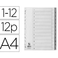 SEPARADOR NUMERICO Q-CONNECT PLASTICO 1-12 JUEGO DE 12 SEPARADORES DIN A4 MULTITALADRO