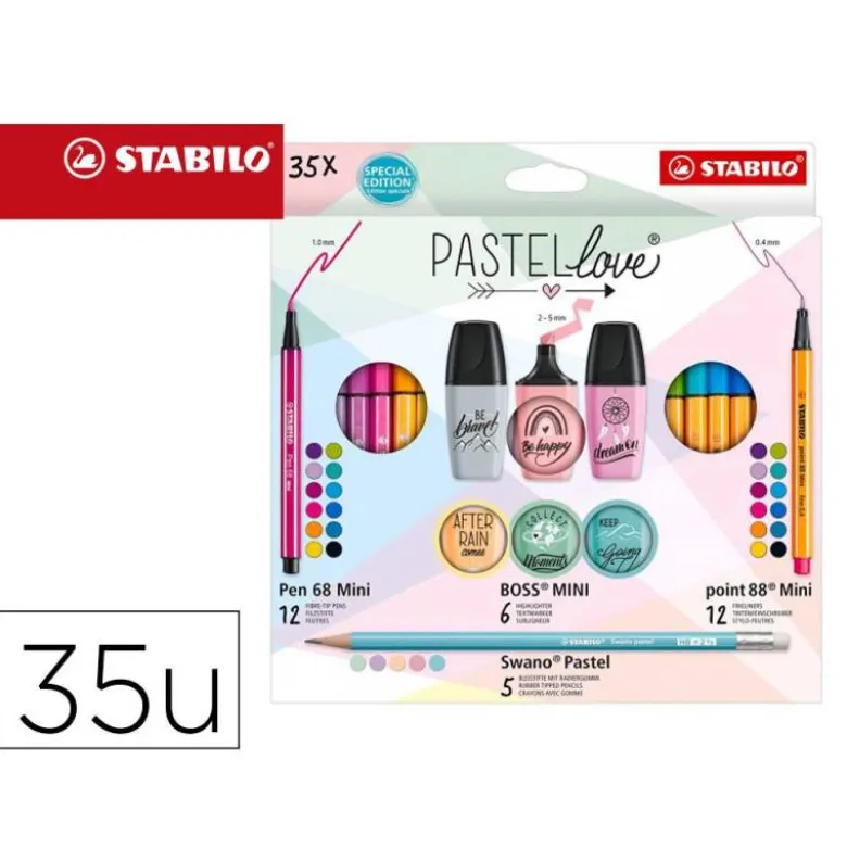 SET STABILO PASTEL LOVE MINI WORLD PEN 68 / POINT 88 / BOSS / SWANO 35 UNIDADES SURTIDAS