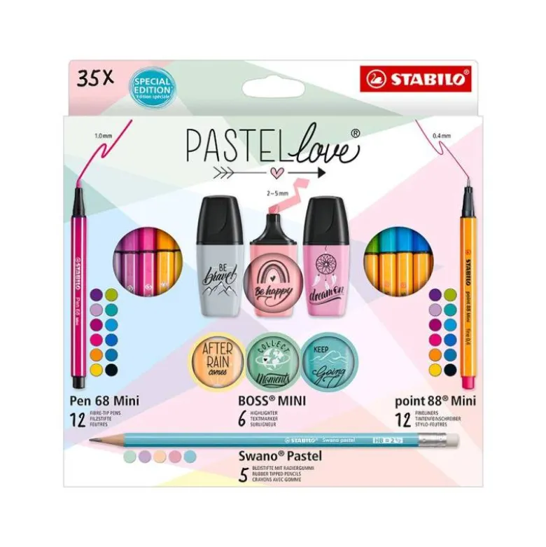 SET STABILO PASTEL LOVE MINI WORLD PEN 68 / POINT 88 / BOSS / SWANO 35 UNIDADES SURTIDAS