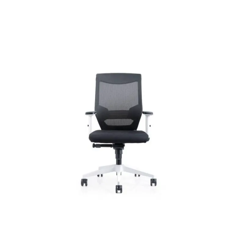 SILLA ROCADA CON RUEDAS DE OFICINA CON BRAZOS REGULABLES Y RESPALDO MALLA NEGRO TAPIZADA EN TELA IGNIFUGA NEGRO COLOR BLANCO