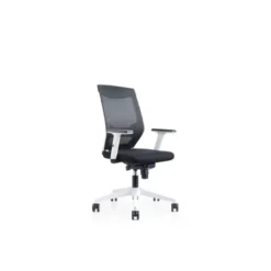 SILLA ROCADA CON RUEDAS DE OFICINA CON BRAZOS REGULABLES Y RESPALDO MALLA NEGRO TAPIZADA EN TELA IGNIFUGA NEGRO COLOR BLANCO