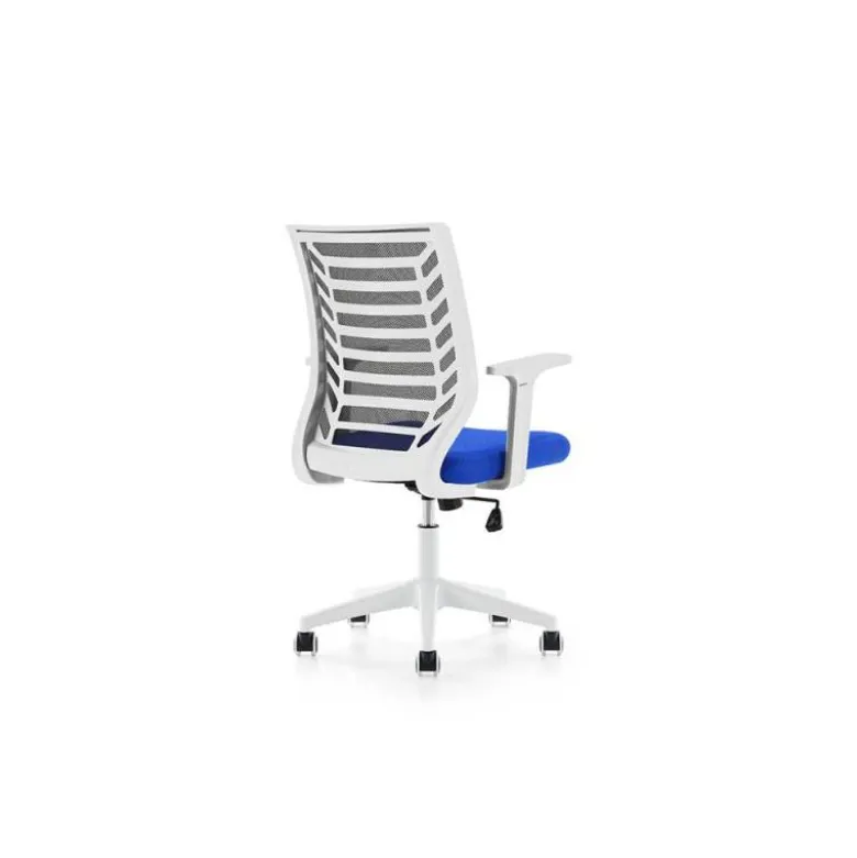 SILLA ROCADA DE OFICINA BRAZOS REGULABLES ESTRUCTURA BLANCA RESPALDO MALLA Y ASIENTO TELA IGNIFUGA NEGRO