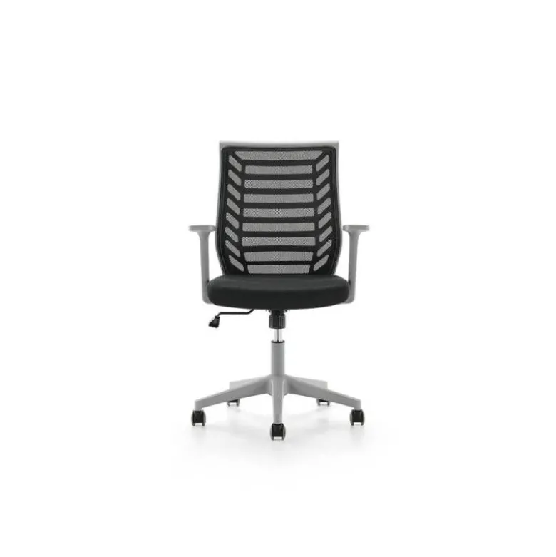 SILLA ROCADA DE OFICINA BRAZOS REGULABLES ESTRUCTURA GRIS RESPALDO MALLA Y ASIENTO TELA IGNIFUGA NEGRO