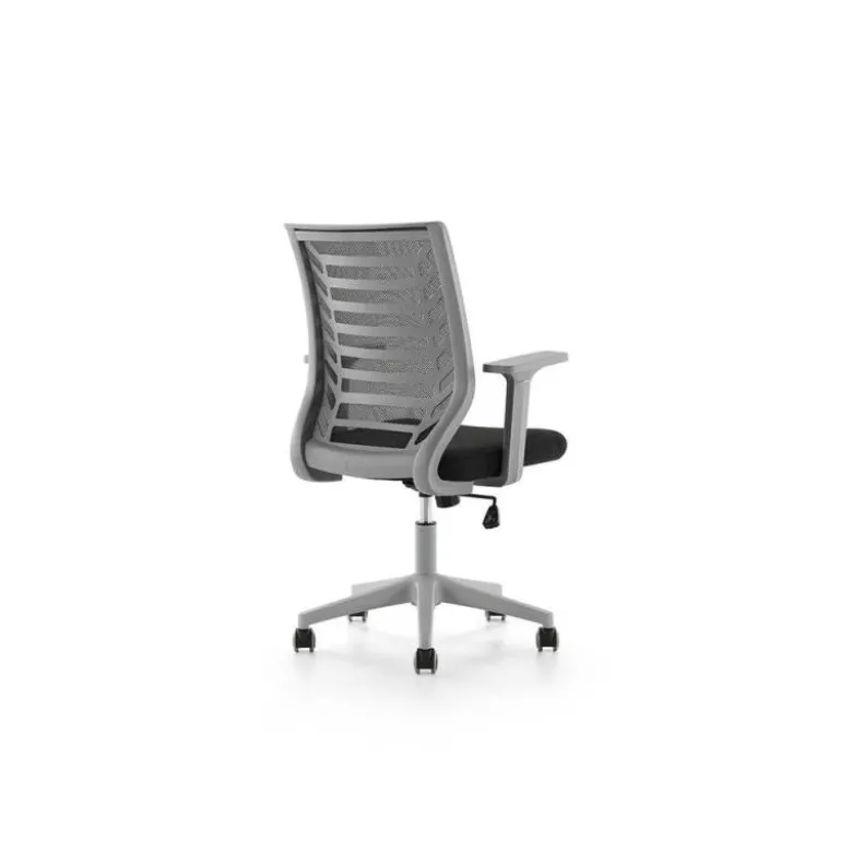 SILLA ROCADA DE OFICINA BRAZOS REGULABLES ESTRUCTURA GRIS RESPALDO MALLA Y ASIENTO TELA IGNIFUGA NEGRO