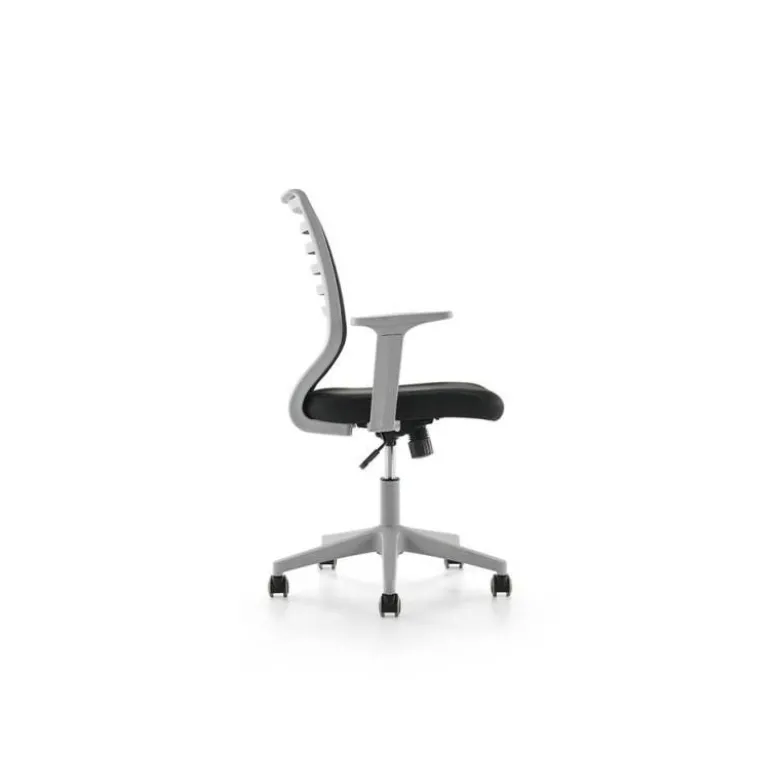 SILLA ROCADA DE OFICINA BRAZOS REGULABLES ESTRUCTURA GRIS RESPALDO MALLA Y ASIENTO TELA IGNIFUGA NEGRO