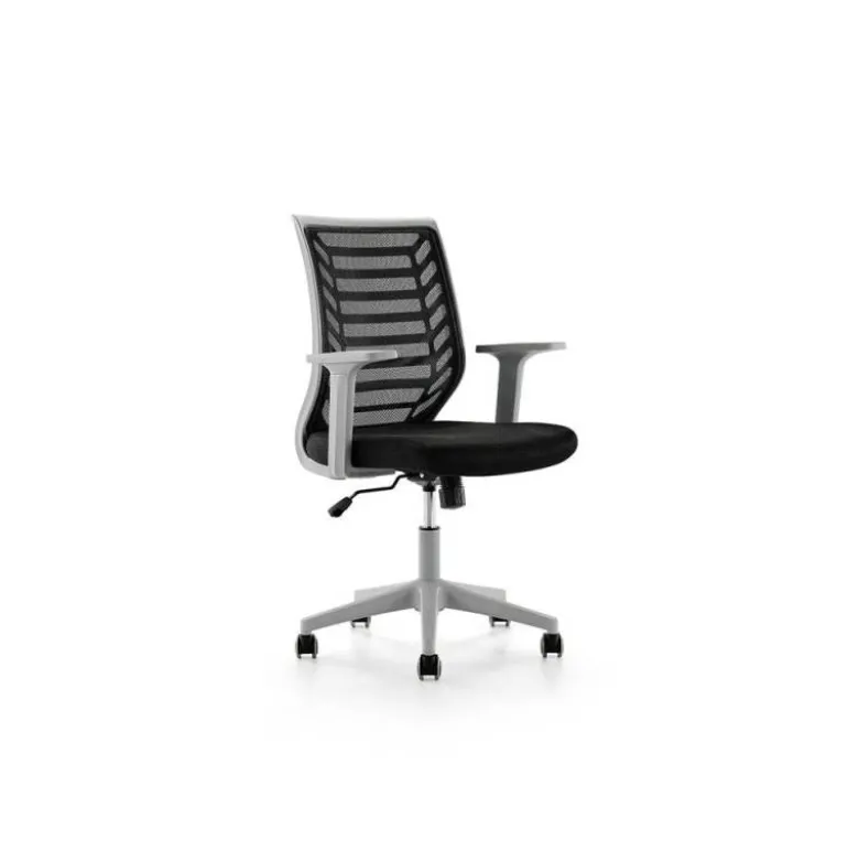 SILLA ROCADA DE OFICINA BRAZOS REGULABLES ESTRUCTURA GRIS RESPALDO MALLA Y ASIENTO TELA IGNIFUGA NEGRO